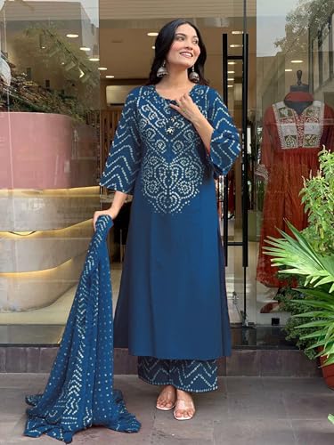 Image of GoSriKi Kurta Sets for Women Rayon Viscose Bandhani Printed | Kurti Set for Woman | Kurta Pant Dupatta Set | Straight Kurti | Round Neck 3 /4 Sleeve Suit Set for Women Stylish Ethnic Outfit