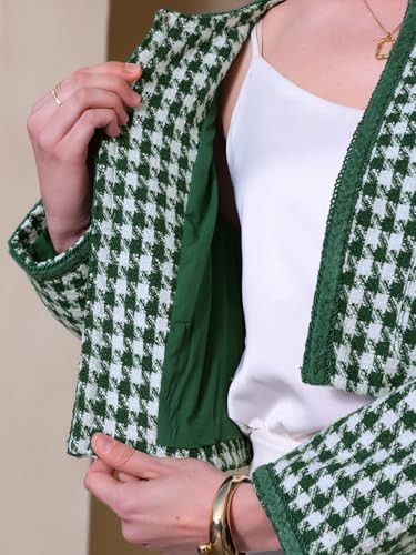 Women's Houndstooth Blazer Collarless Plaid Cropped Tweed Jacket4