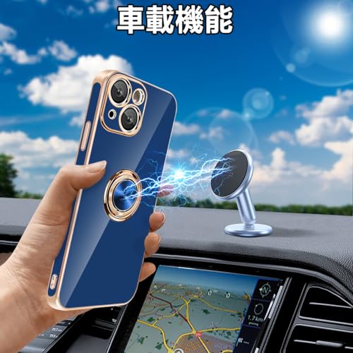【FULEEYUHN】iPhone 13 ケース リング付き アイフォン 13 リング カバー 耐衝撃 TPU レンズ保護 衝撃吸収 360°回転 スタンド機能 車載ホルダー対応 ストラップホール付き メッキ加工 人気 いphone 13 ケース 6.1インチ(ブルー)