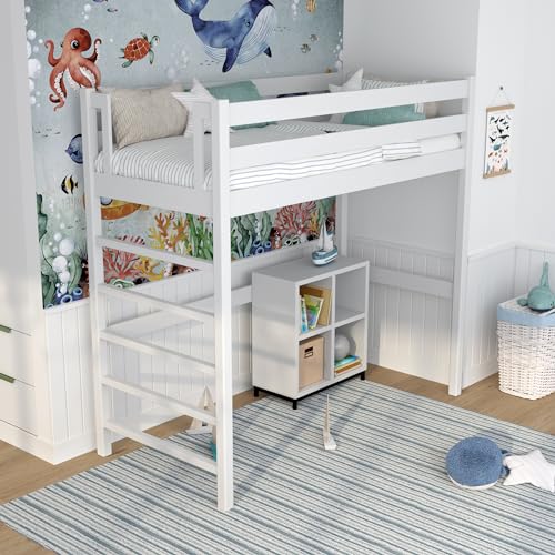 N-wood N01 Hochbett Holz 120x200 cm, Etagenbett mit Leiter, 2 Leitermontageseiten: Links oder rechts, sichere abgerundete Kanten, Stabile Massivholzkonstruktion, Weiß