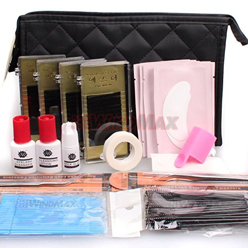 Professional Lash Starter Kit Pro Semi Permanent Individual Eyelash Extensions C Curl Eyelahes Lashes Graft Glue Tweezers Cleansing Lotion (A)