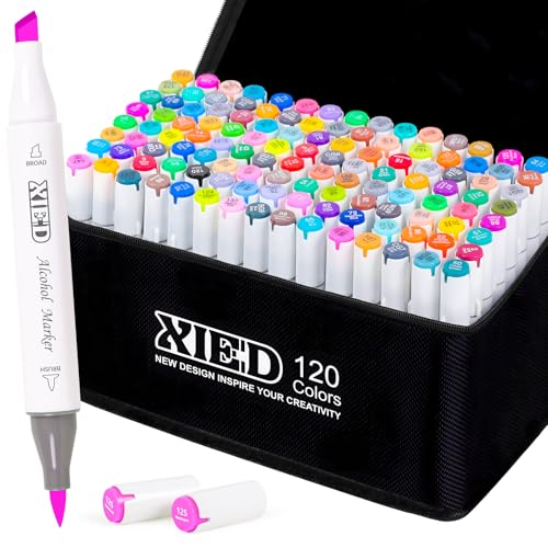 XIEED Alcohol Markers 120 Colors Chisel & Brush Tip Coloring Markers Set Double Tipped Markers Set for Artist Adults Coloring or Drawing