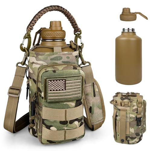DEFUNX Half Gallon Water Bottle Insulated with Sleeve - Tactical 64 oz Stainless Steel Water Jug with MOLLE Water Bottle Pouch Gym Water Bottles for Men Hiking Workout (CP Camo)