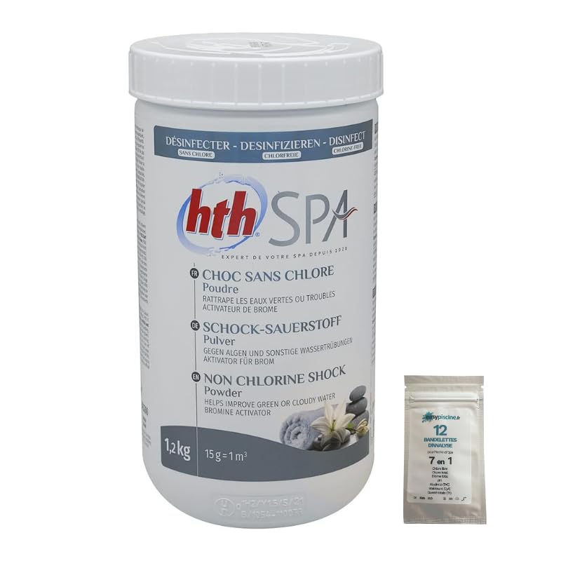 Choc sans Chlore Poudre (oxygène Actif) HTH Spa - 1,2 kg + 12 Tests OFFERTS 7 en 1