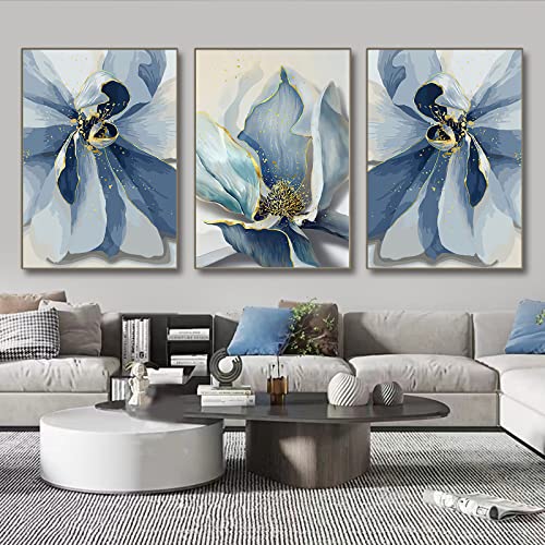 Blue Flower Paintings Canvas Wall Art Decor For Bedroom Modern Indigo Abstract Blue And Gold Wall Art Floral Pictures Wall Decor Gold Foil Canvas Posters Blue Floral Art Prints 16X24Inch Unframed #TOP2