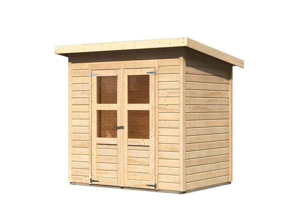 Karibu Gartenhaus | Gerätehaus mit 14 mm Wandstärke | Doppeltür mit Lichtausschnitten | Schuppen: 3,26 m² Grundfläche | Steck-/Schraubsystem | Naturbelassen | 240 x 175 x 220 cm
