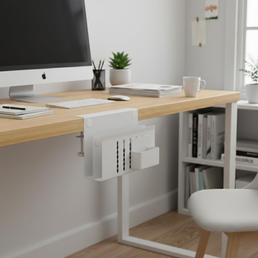 Spacetronik Schreibtisch Seitenaufbewahrung, Desk Side Storage mit Klemme | Ohne Bohren, Laptop Halterung Schreibtisch Seitlich Doppelfach aus Stahl mit Stiftehalter, Weiß, 30x30cm