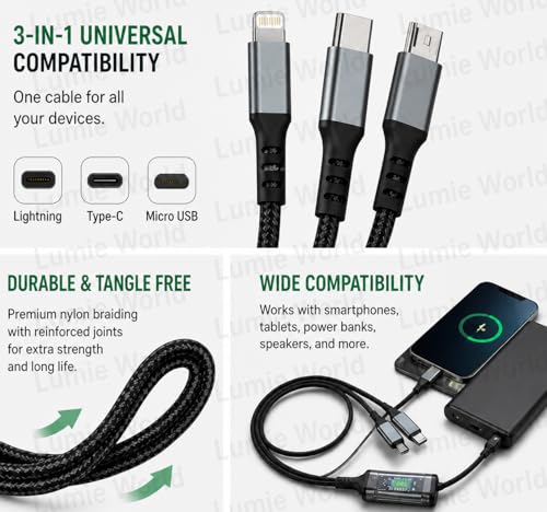 Image of 3 in 1 Fast Charging Cable 100W, USB to Type C + Lightning + Micro USB, Braided Multi Charging Cable for iPhone, Samsung, OnePlus, Xiaomi & Android Devices, Universal Charger Cable, 1.2M