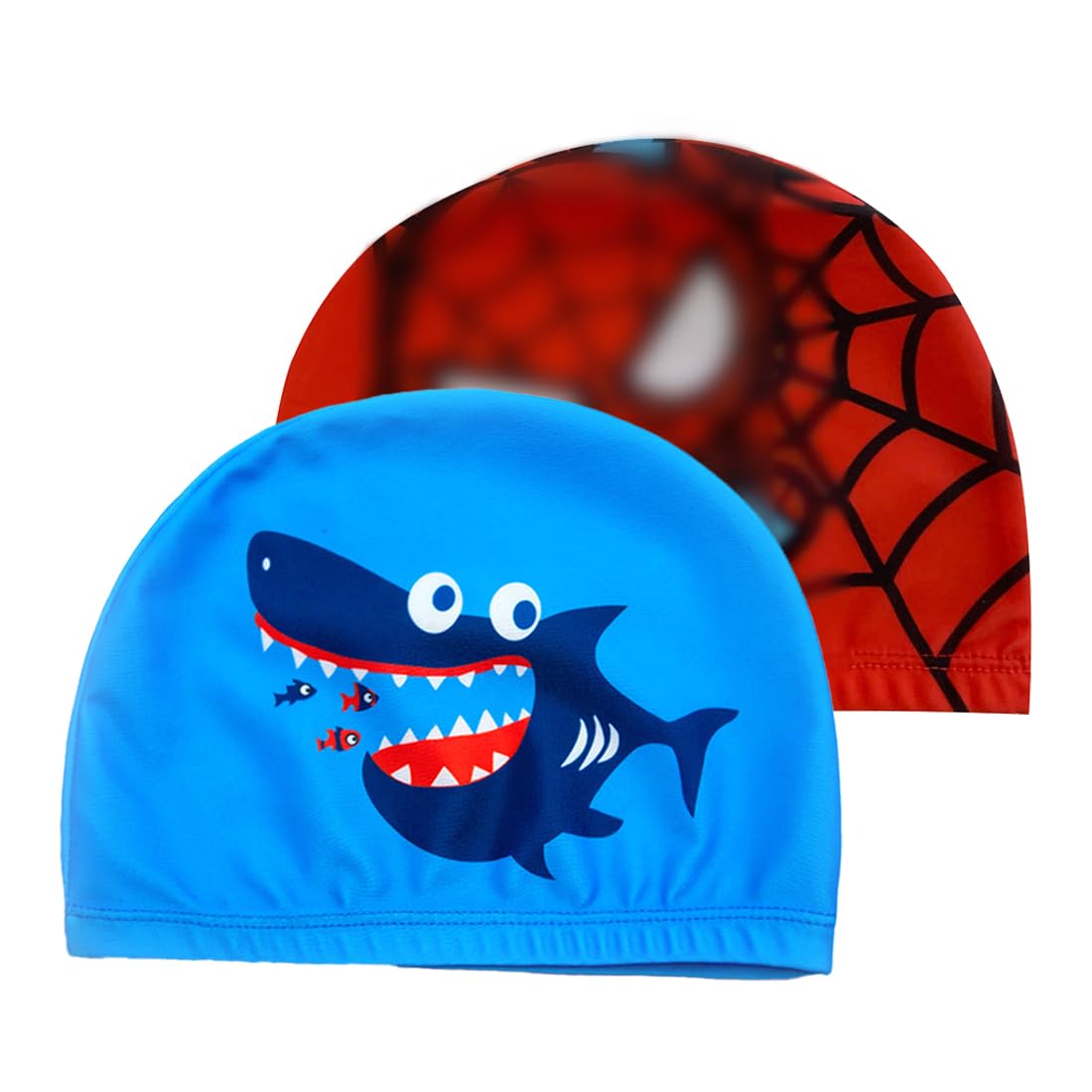 WBZOWRB 2 Piezas Gorro Piscina Niño, Gorro Natación Niño, Gorro Piscina Hombre, Gorros Natación para Niños, Gorro Piscina para Niños Niñas De 4 A 10 Años(Tiburón+Hombre Araña)