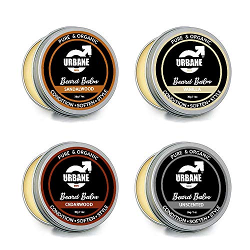 Urbane Men Set of 4 Beard Balm Collection | Natural & Organic Ingredients | Cedarwood, Sandalwood, Vanilla, Unscented | 4 x 30g Giftset