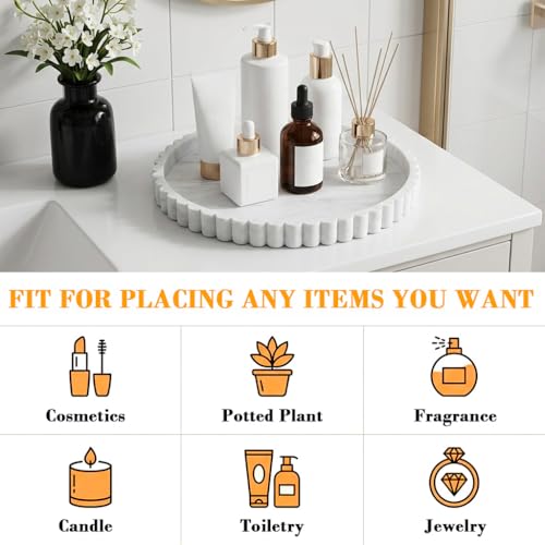 Image of HASTHIP Silicone Countertop Tray Toiletries Holder 23cm Dia Round Tray Desk Organizer Simulated White Marble Bathroom Countertop Organizer for Skincare, Cosmetics and Accessories