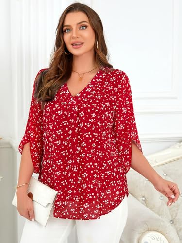 Siddhe Womens Plus Size Tops 3/4 Sleeves Chiffon Blouses Dressy Casual Fall V Neck Loose Fit Double Layers Shirts(XL-5XL)3