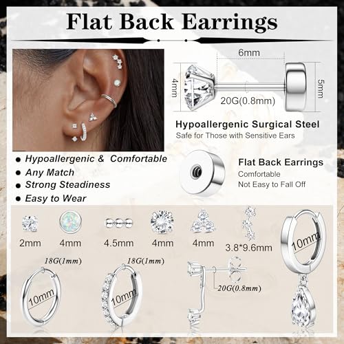 MILACOLATO Hypoallergenic Flat Back Earrings 14K Gold Plated Cartilage Earring Sets for Multiple Piercing 20G Surgical Stainless Steel Earrings for Women Trendy Earring Stacks Small Hoop Flatback Stud Earrings2