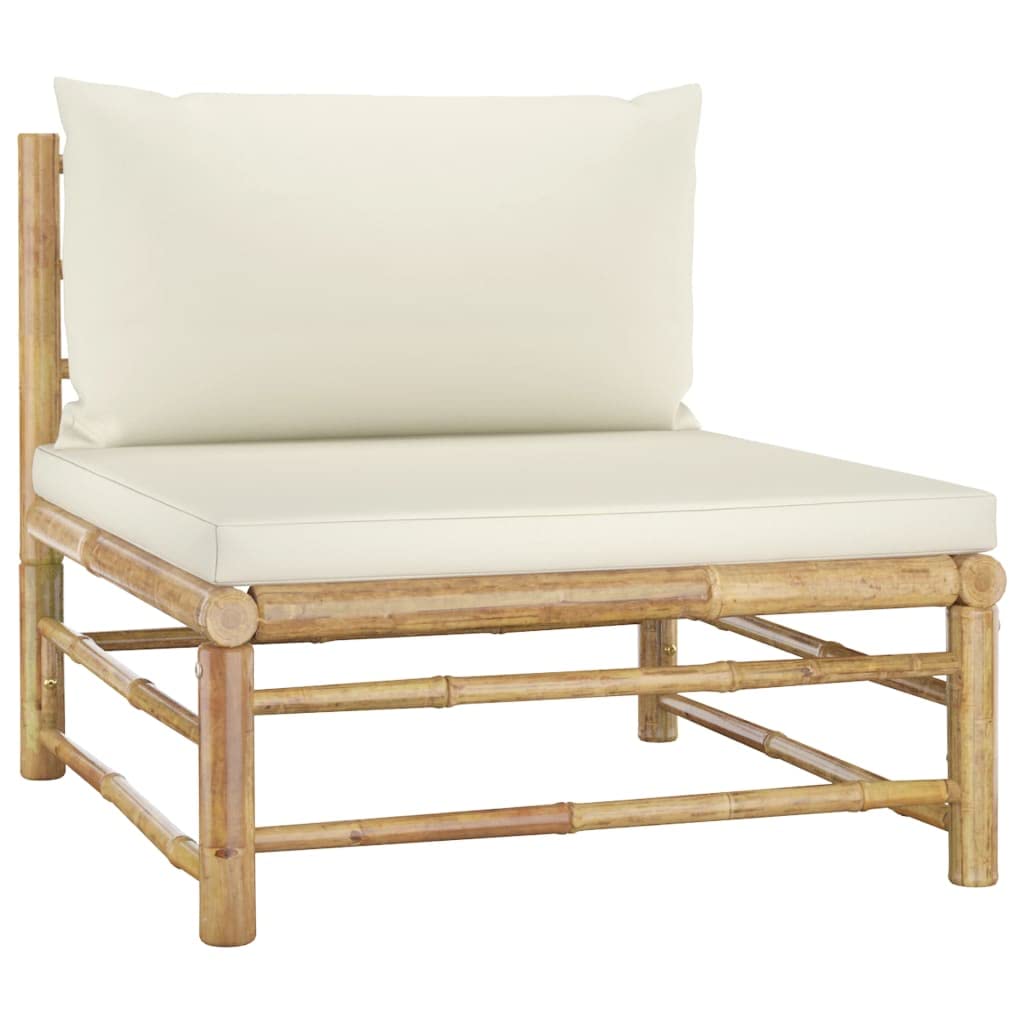 Juego de muebles de jardín modulares de bambú de 5 piezas con cojines de color blanco crema, fundas de almohada acolchadas gruesas, extraíbles y lavables con cremallera, fáciles