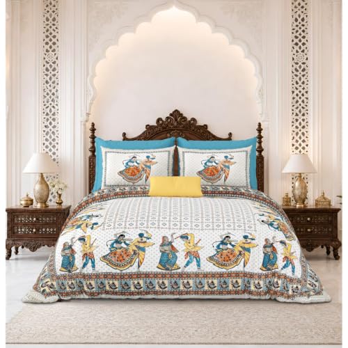 Image of 240 TC 100% Cotton Bedsheet for Double Bed King Size with 2 Pillow Covers | Breathable & Super Soft Rajasthani Sanganeri Jaipuri Printed Bed Sheet -108 * 108 Inches (Garba)