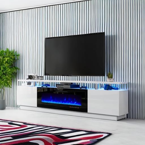 Miniatura 5 de Soporte de TV con chimenea de 80 pulgadas, consola multimedia de acabado moderno con chimenea eléctrica de 40 pulgadas, centro de entretenimiento de