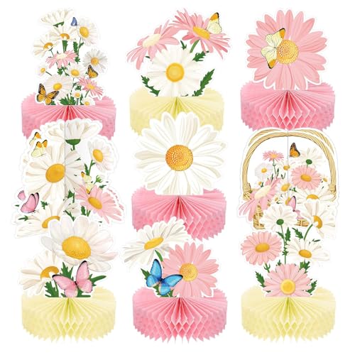Bubaxuce 9 peças de margarida decorações para festa de aniversário em rosa flor selvagem borboleta centro de favo 3D ornamentos de mesa para superfícies florais boémia
