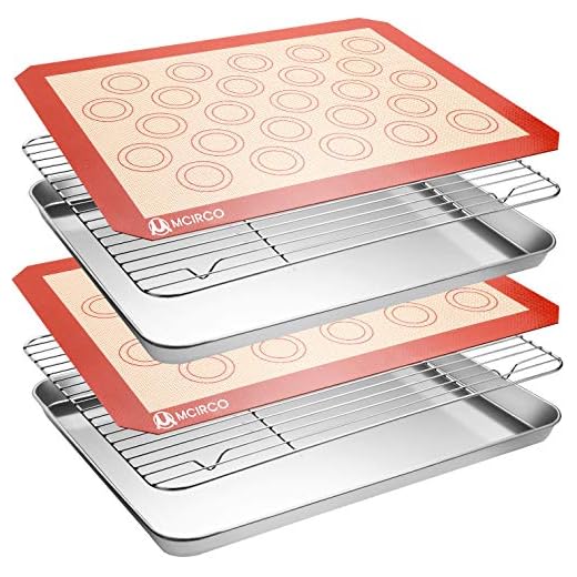 Bandeja de aço inoxidável para assadeira com conjunto de tapete de silicone, bandeja para biscoito com rack de refrigeração, conjunto de 6 (2 folhas + 2 prateleiras + 2 tapetes), não tóxico, resistente e fácil de limpar