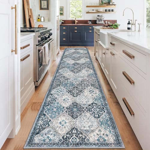 KILOCOCO 2.6x12 Runner Rug, Moroccan Super Soft Washable Hallway Entryway Rug, Accent Print Faux Wool Kitchen Runner 12 Ft Non-Slip Boho Carpet for Laundry Bedroom, Blue/Multi