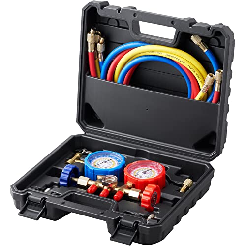 VEVOR AC Gauge Set, 3-Way AC Manifold Gauge Set for R134A, R22, R12, R502 Refrigerants – Freon Gauges Include 5 ft Hoses, Couplers, and Can Tap for Car Auto Freon Charging and Evacuation by VEVOR - Used condition - US$35.55