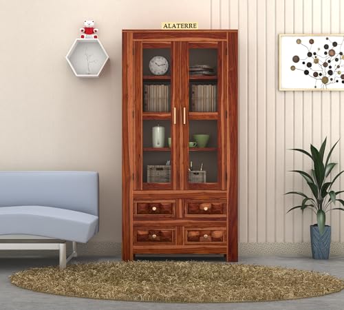 Image of Wood Book Shelf with Glass Door, Wooden Bookshelf for Home Library, Kitchen Crockery Cabinet, Study Room Furniture, Books Rack, Book Stand, BookCases, Bookshelves, Honey Finish