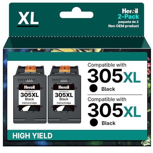 Heroil 305 Nero Cartucce 305XL d'inchiostro Sostituzione per HP 305 XL Nero per HP Deskjet 2700 2710e 2720e 2722e 2723e DeskJet Plus 4120e 4122e 4130e Envy 6000 6020 6020 6430 6030 6020(Nero,2-Pack)