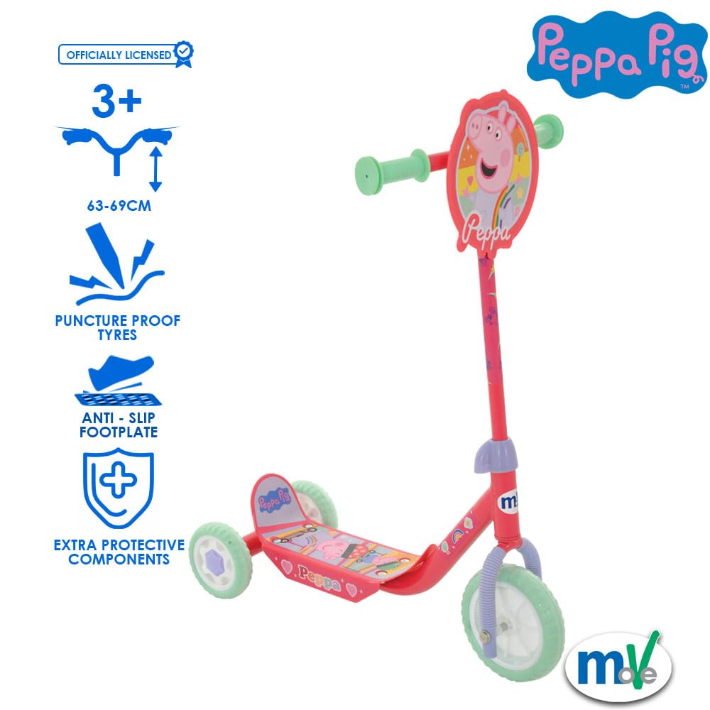 Peppa Pig Patinete 3 Ruedas +20 kg +2 años, 58x36x65-70 cm, Escudo Delante, Juegos para niños, Motricidad, Diseño Colorido Pepa y George, Patinete Infantil, Fácil de Montar (77757)