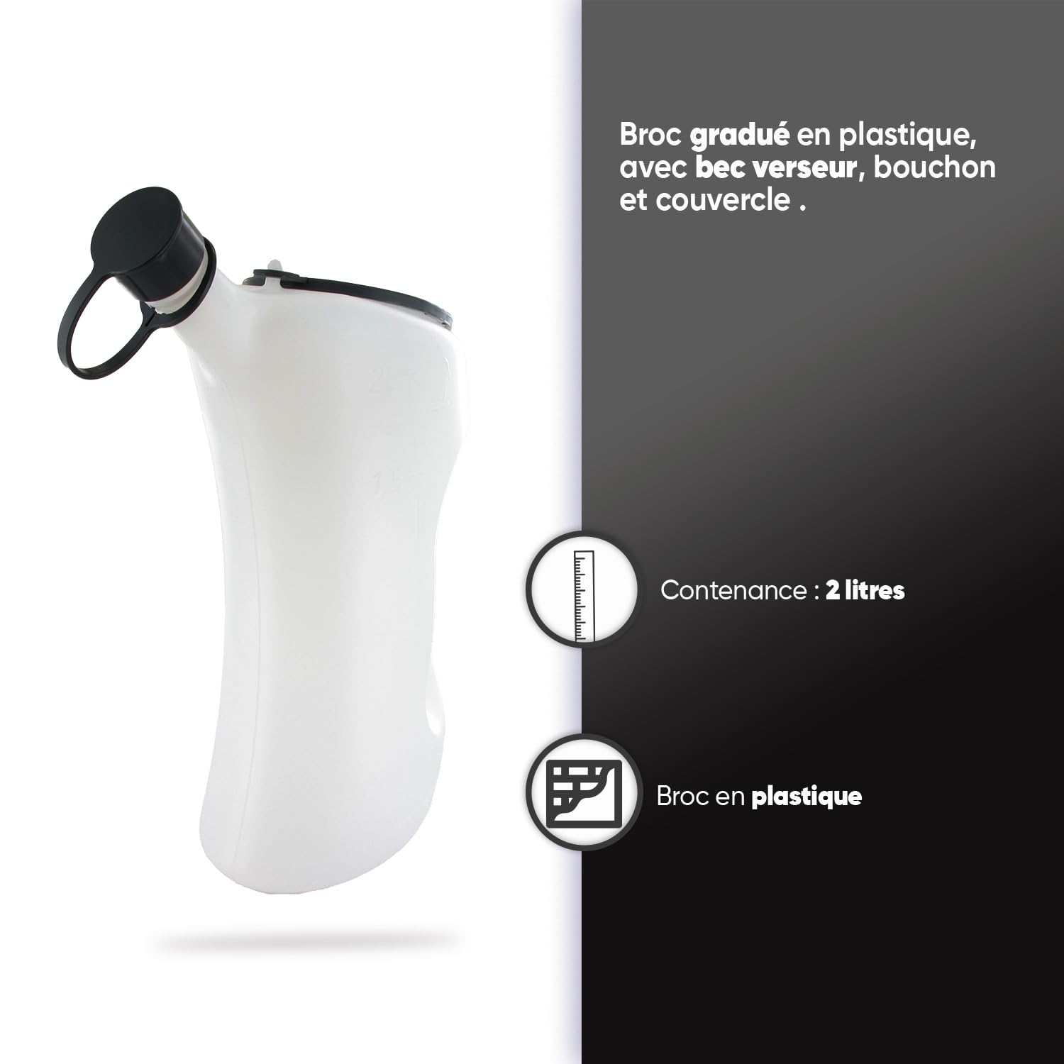 GREENSTAR - Broc Gradué En Plastique - Avec Bec Verseur - Couvercle Et Bouchon De Protection - Graduation De 0,5 À 2 L