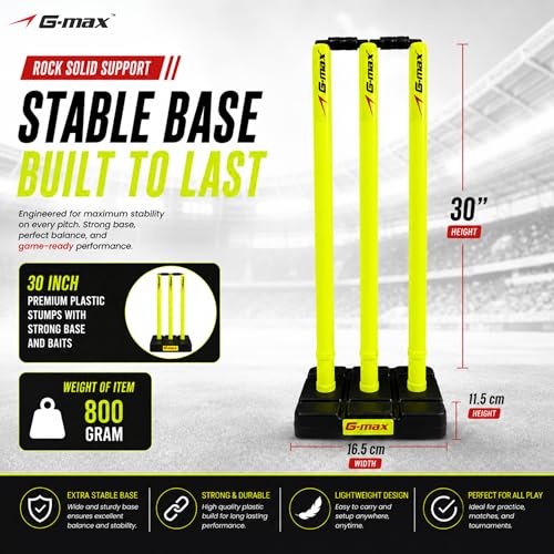 Image of G-Max Cricket Wicket Set - 30 Inch Plastic Stumps with Stand & Bails | Durable Cricket Wickets for Ground, Match, Tournament, Practice | Standard Size Cricket Kit for All Ages (Neon Green)