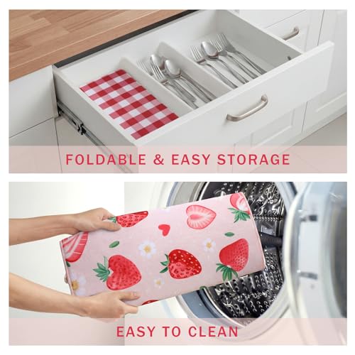 Image of Domensi 2 Pack Strawberry Microfiber Dish Drying Mat Absorbent Reusable Washable Extra Large Kitchen Counter Draining Mat Red Gingham Pad for Coffee Bar Kitchen Decor 18x24 Inch