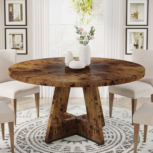 Image of Tribesigns 47 inch Round Dining Table Wood Kitchen Table for Dining Room, 47 inch Dinner Room Tables for 4-6, Farmhouse Accent Furniture with Wooden Tabletop and Cross Base, Vintage