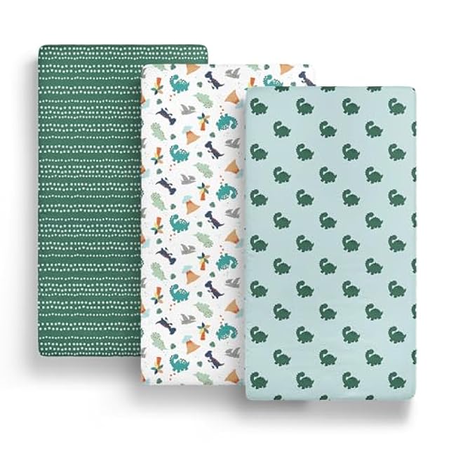 The Peanutshell 3-Pack Fitted Playard Sheets - Soft & Breathable Baby Boy Mini Crib Sheets, Pack N Play Mattress, Fits Standard Playard Pack Play Mattresses - Green Dino