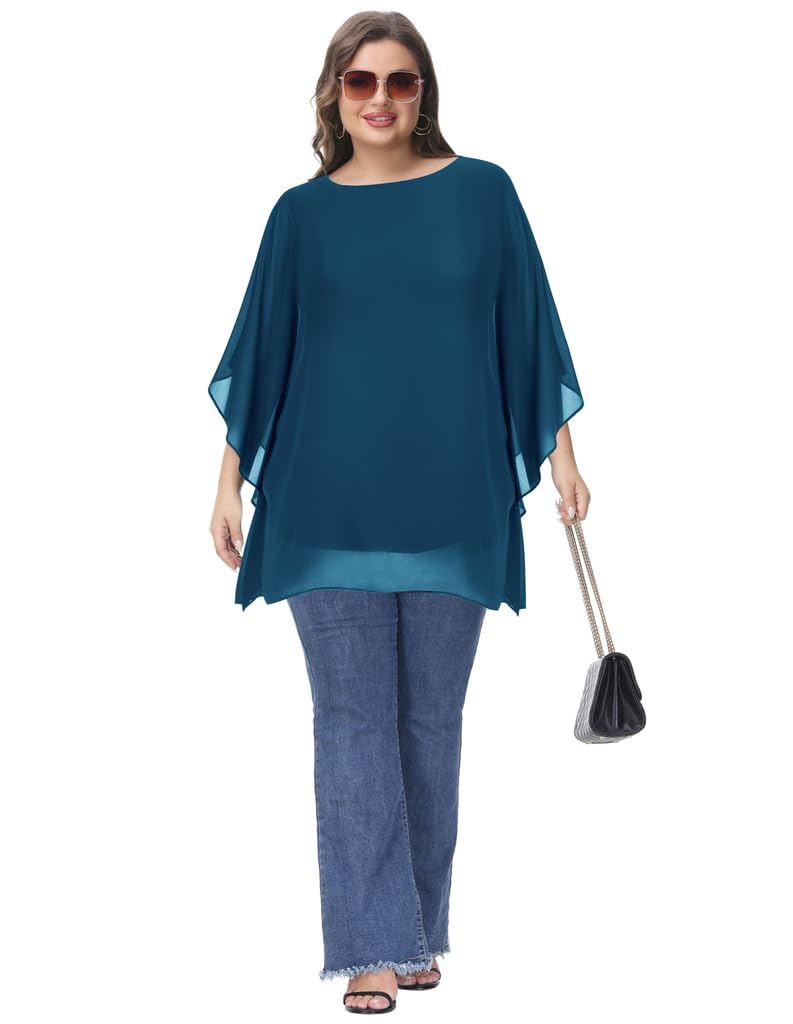 Hanna Nikole Blusa de gasa para mujer, tallas grandes, elegante, de murciélago, camisa de doble capa, suelta, larga