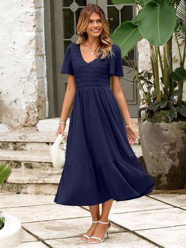 Image of Simplee Womens Summer Smocked Flowy Dress - Casual Flutter Sleeve Tiered Boho Maxi Dresses with Pockets