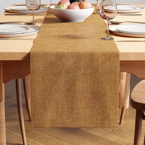 Image of Encasa XO Dining Table Runner for 4 to 6 Seater | 32x240 cm | Mustard | Chenille Fabric | Machine Washable