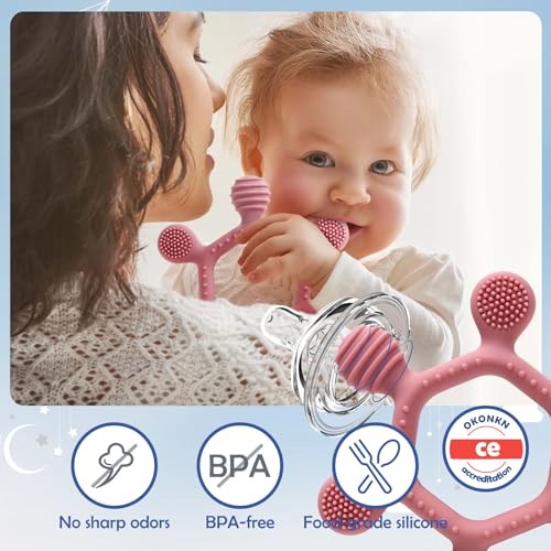 OKONKN beißring baby spielzeug 3er-Set beissring baby Zahnungshilfe Baby Bpa-Frei Silikon Baby Zubehör Für Jungen Und Mädchen baby spielzeug 4 monate+ – Bild 2