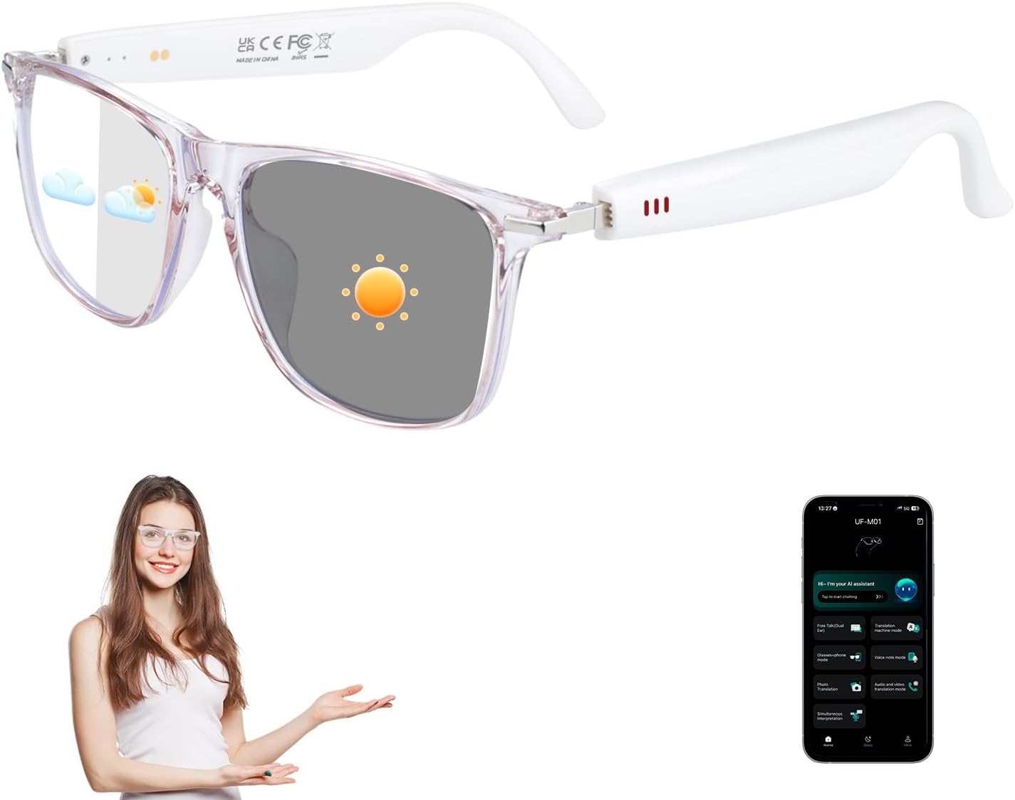 AI Smart Glasses, Bluetooth 6.0 Real-Time Translation Glasses for Men Women with 164 Languages & Accents，Color-Changing Lenses, No Subscription， Audio Sunglasses with Speaker for Business Travel（Pink）