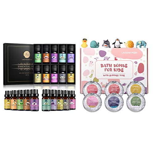 Lagunamoon Top 10 Essential Oils Gift Set, Bath Bombs for Kids with Toys Inside, 6 Pcs Natural Fizzies, Cruelty Free, Vegan Safe Bath Bombs Gift Set for All Skin