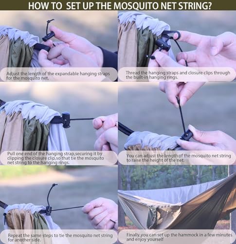 Image of Camping Hammock with Mosquito Net,Lightweight 210T Nylon Hammocks,Portable Hammock with 10ft Tree Straps,Camping Gear Must Haves for Travel Hiking Backpacking Beach Patio-Green&Khaki