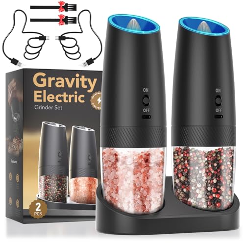 Rechargeable Electric Salt and Pepper Grinder Set,Tipuci Coarseness Adjustable LED Gravity Sensing Pepper Mill Shakers for kitchen gadgets (2 Pack -Black/Black)