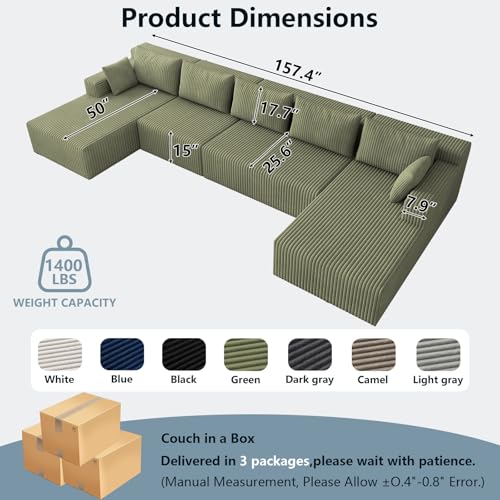 Image of 160 inch W Boneless Cloud Sectional Couch Modular Sofa with Ottoman