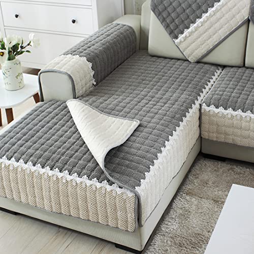 Xslive Corduroy Plaid Sofa Cover Farmhouse Color Block Sectional Couch Cover With Lace Non-Slip Sofa Slipcover Furniture Protector For Dogs Pets Kids,1 Piece/Not All Set (Light Grey,43"X82") #TOP4
