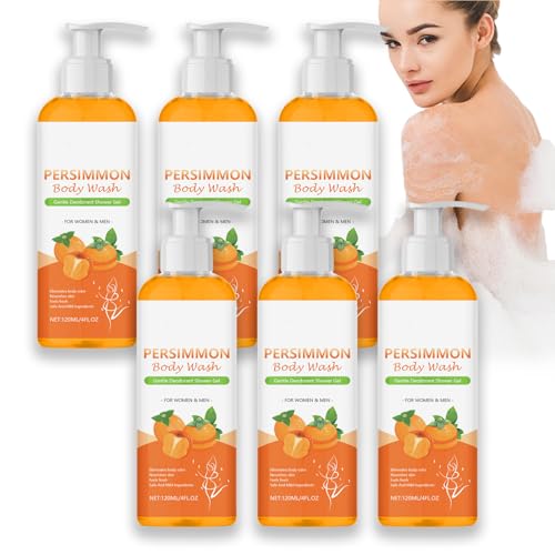 Gel de ducha de caqui para control de olores, gel de ducha desodorizante natural para mujeres y hombres, limpieza profunda e hidratante con aroma fresco, fórmula suave (6 unidades)