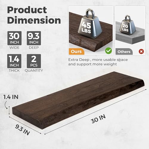 Image of RICHFOCUS Live Edge Elm Floating Shelves - 30 inch W x 9.3 inch D Rustic Solid Wood Wall Shelves with Invisible Bracket, Wall-Mounted for Living Room, Bedroom, Kitchen Storage & Display, Set of 2, Walnut