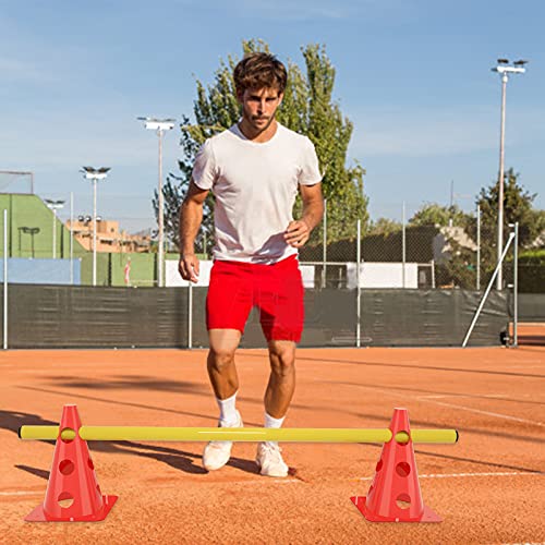 Aufun 6er Steckhürdenset Koordinationstraining, Kegelhürden 12 rote Kegel: 32cm+ 6 gelbe Stangen: 1m, Höhenverstellbar mit Löchern Agility Hürden Steckhürden für Kinder, Hunde, Pferde