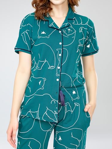 Image of ZEYO Night Suit for Women's Polar Bear Printed Cotton Night Dress of Shirt and Pajama Set 5756