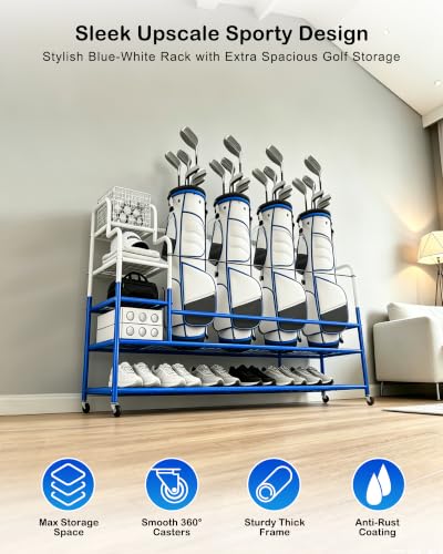 Image of Golf Bag Storage Garage Organizer for 4 Bags, Golf Storage Rack with Wheels | 50% More Space Multi-Zone,All-In-One Compact 5-tier Heavy-Duty Rack,4 360 Casters,Movable Basket,Extra Bottom Storage,Gifts