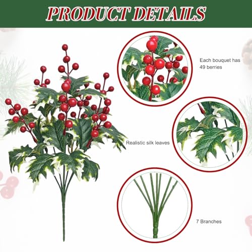 Image of HASTHIP 2 Pack Artificial Red Berries Holly Stems Christmas Decor