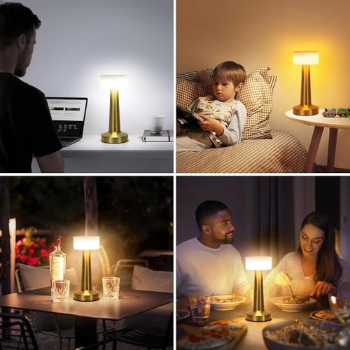 Image of Golden White Round Table Lamp 3 Color Modes Warm Cool Natural Light, Adjustable Brightness, 1200mAh Rechargeable Battery,Portable Light for Bedroom Bedside Desk Home Decor Use with Touch Sensor