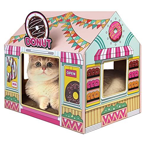 SEKAM Cardboard Cat House with Scratcher/Catnip (16.5 x 12 x 15) Donut Shop for Indoor/Outdoor Cat Scratch Box & Home Decor Hideout for Small Animals